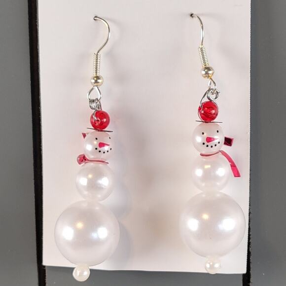 Handmade Snowman Earrings White Bead Holiday Drop Pierced Hook 2.25" Dangle - Picture 1 of 7